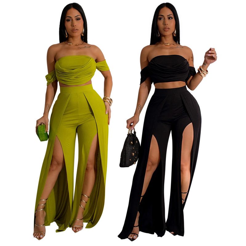 Γυναικεία ρούχα casual κοστούμι Tube Top Split Φαρδύ παντελόνι_voghion.com