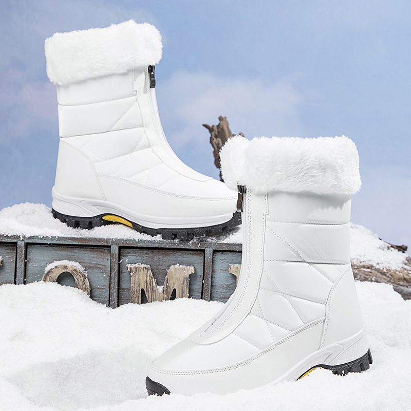 Dames sneeuwlaarzen met rits aan de voorkant en lange pluche voering, dikke warme winterlaarzen, waterdicht en slipvast, hoge katoenen laarzen_voghion.com
