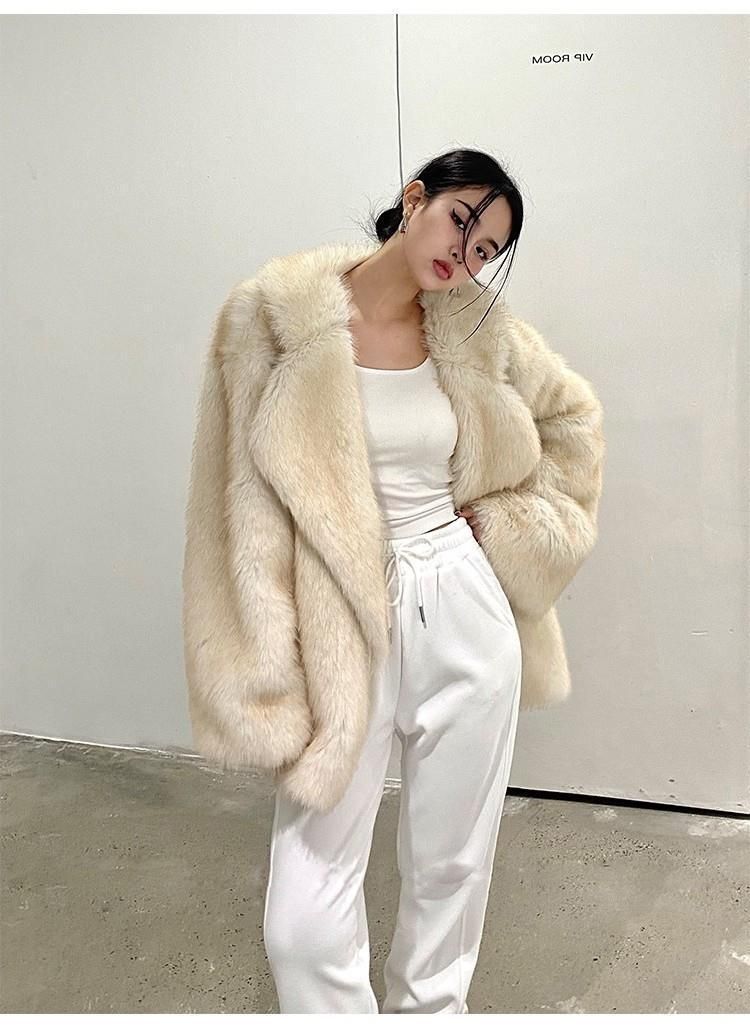 Women's Clothing Luxury Faux Fox Fur Coat Women's Longline Casual Oversized Lapel Plush Jacket - Coffee Tip / White With Yellow Tip_voghion.com