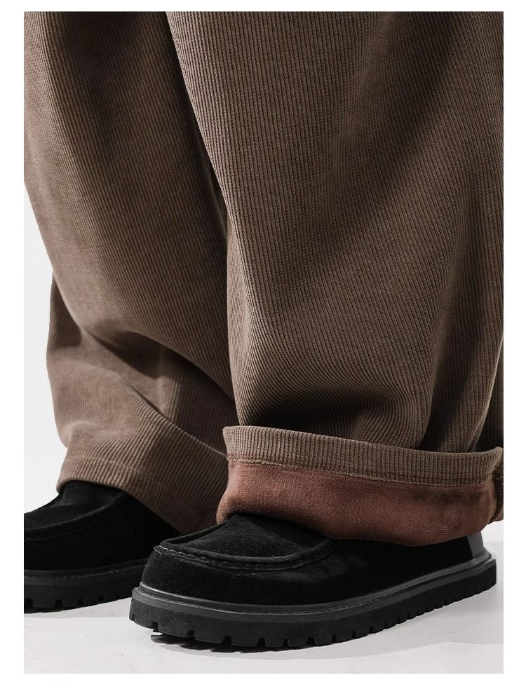 Corduroy Cargo Pants With Fleece Lining – High Waist, 65% Polyester, Drawstring Closure, Black/Khaki, S-XXL (Unisex Winter)_voghion.com