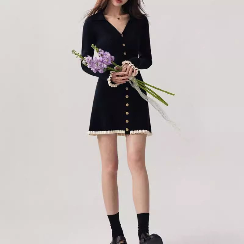 Maglione alla francese con scollo a V, stile piccolo, lavorato a maglia, autunno inverno, nuovo stile da donna, di alta qualità, con volant_voghion.com
