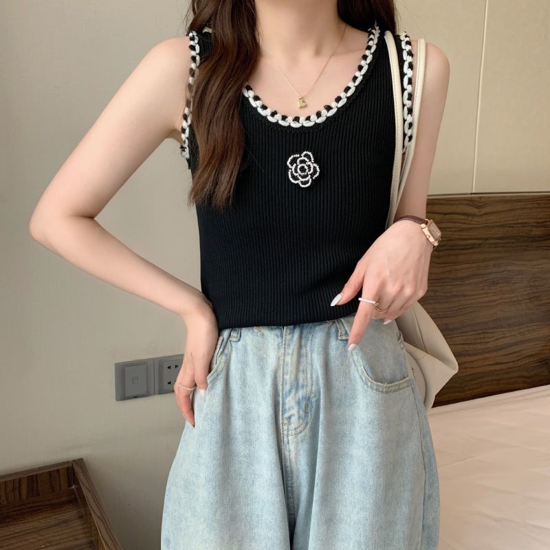 Maglione corto a canotta con fiore di rosa in seta ghiacciata per donna, stile estivo, nuovo, piccolo, stile profumato, vestibilità aderente, maglione lavorato a maglia alla moda_voghion.com