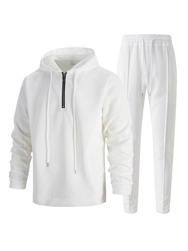 Men's Waffle Knit Hoodie & Jogger Set - Half-Zip Pullover Tracksuit With Drawstring Waist_voghion.com