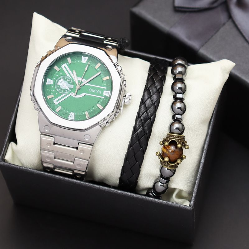 Geschenkbox Uhrenset Herren Quarz Wasserdicht Kalender Uhr Armband Stahlband_voghion.com