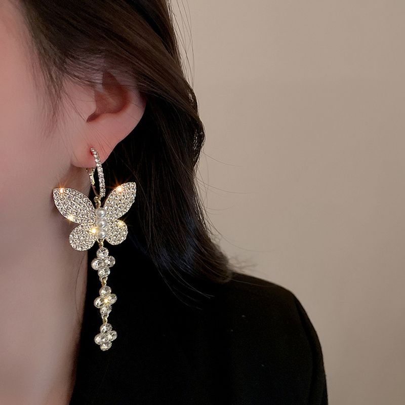 Yamaler 1 paio di ganci da donna, squisite perle d'imitazione, brillanti, con strass, a forma di farfalle, orecchini pendenti, gioielli femminili_voghion.com