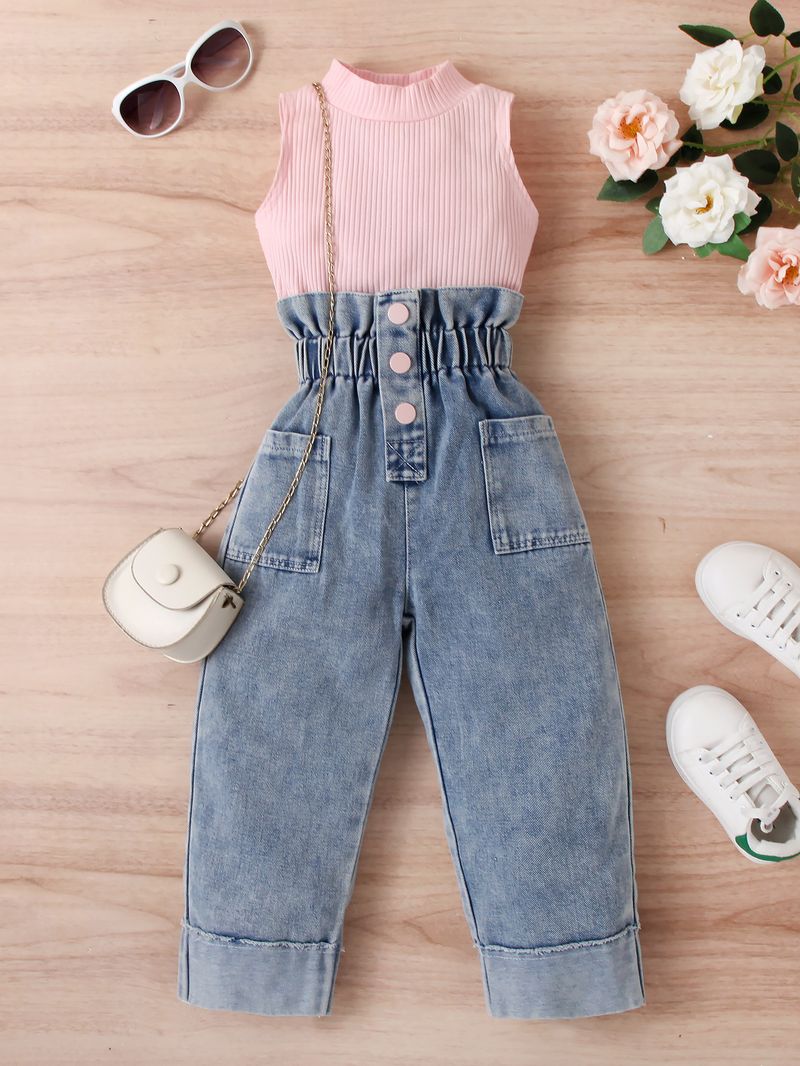 Mutter & Kinder Kinderkleidung Mädchen Sommer Pit Einfarbig Ärmellos Off Shoulder Pullover Zerrissene Jeanshose Zweiteiliges Set_voghion.com