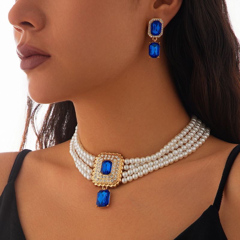 Retro square full diamond gem pearl choker necklace temperament French multi layer necklace_voghion.com