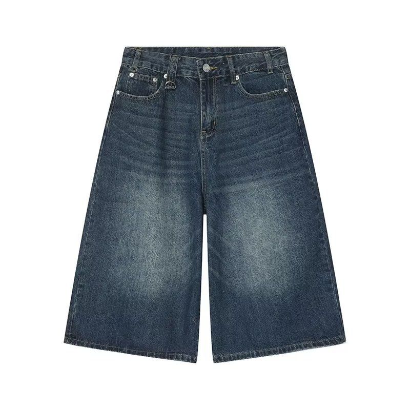 Herrenbekleidung Baggy Jeans Sommer Loose Silhouette Washed Retro Distressed Seven Point Straight Denim Shorts_voghion.com