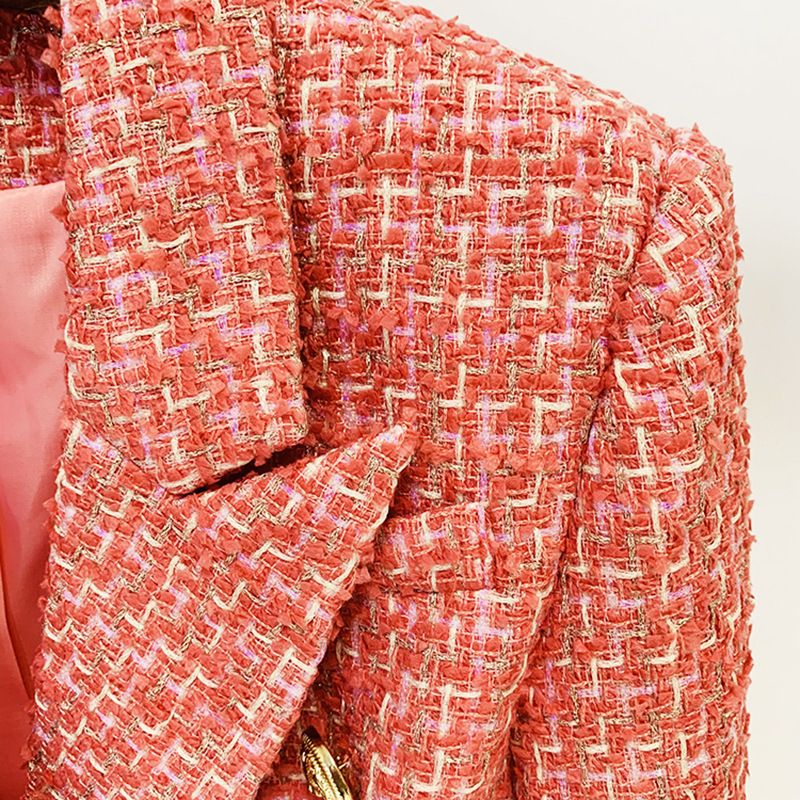 Blazer doppiopetto in tweed con bottoni a testa di leone - Giacca slim fit in stile britannico per donna, in rosso rosa_voghion.com