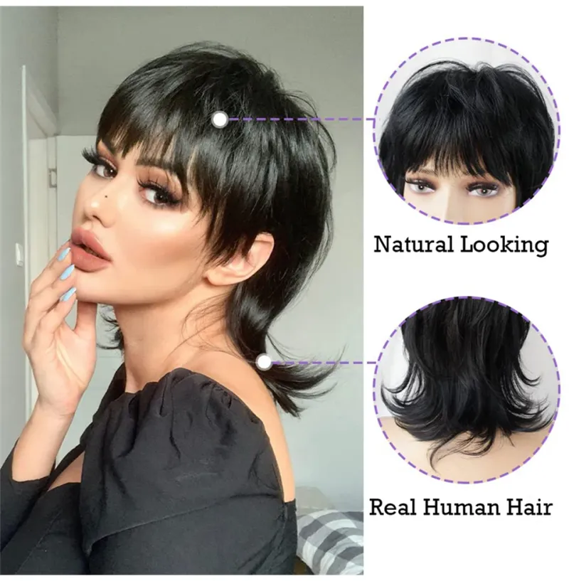 99J Ekte hår Mullet-parykk Pixie Cut-parykker 70-80-tallet Uten blonder foran Parykk med lugg Kort, raggete lagdelt Parykk til fest, cosplay-bruk_voghion.com