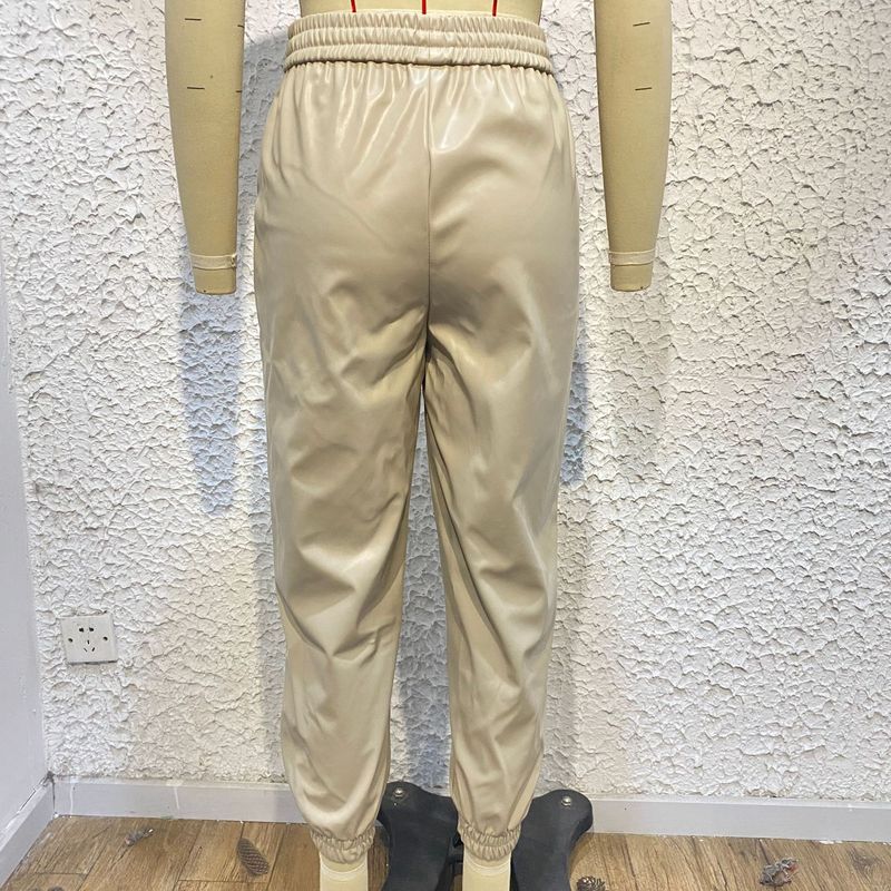 "Women's Mid Waist Casual Leather Pants – Long Fit With Pockets, Autumn/Winter Staple"_voghion.com