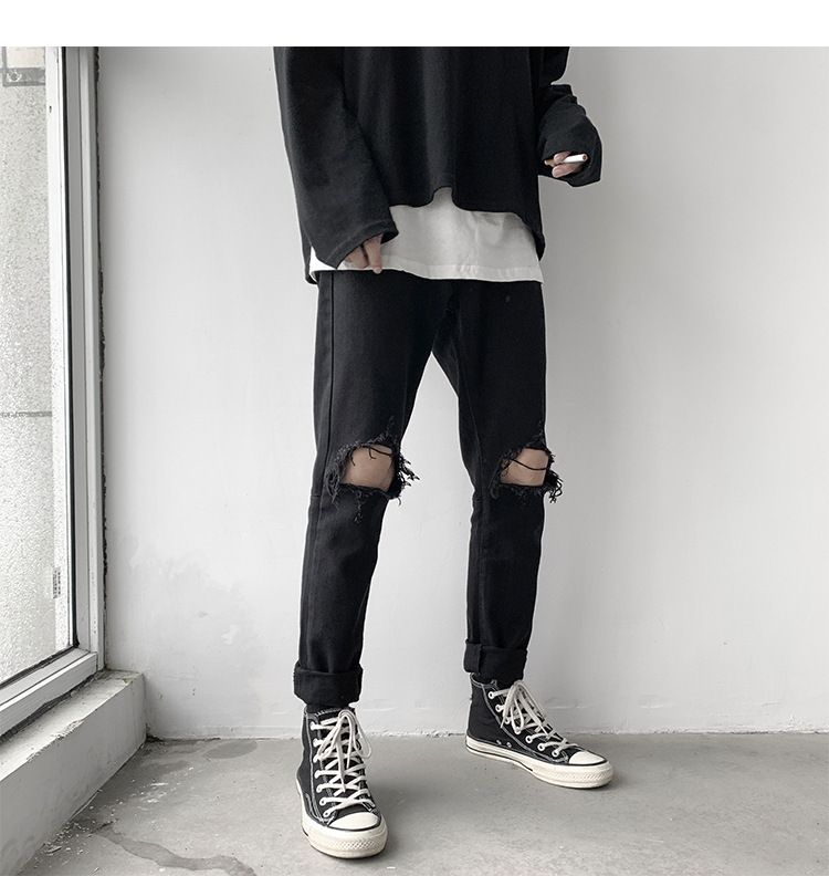 Korean version of trendy high street summer black loose straight leg jeans with large holes for men's casual versatile_voghion.com