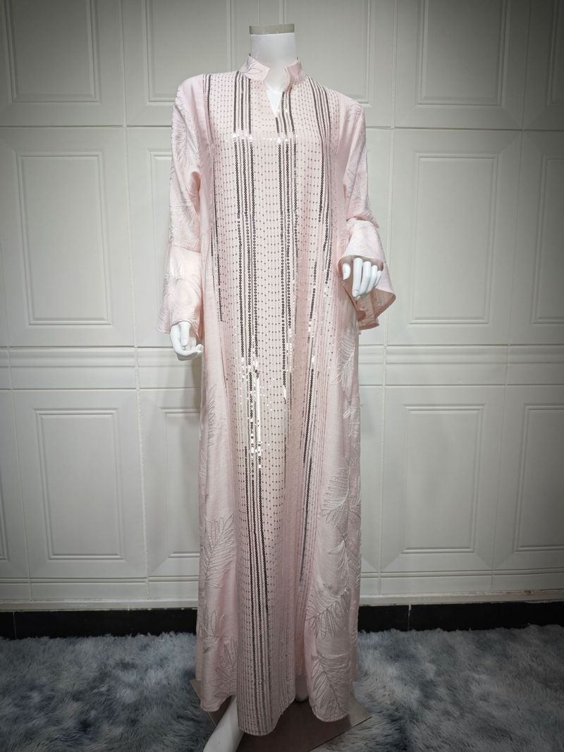 Elegant Embroidered Abaya Dress – Flowy Maxi Kaftan With Flounce Sleeves (Light Green/Yellow/Pink, S-XXL)_voghion.com