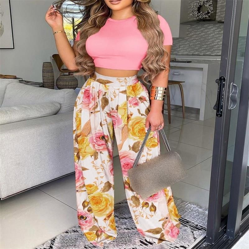 Women Print Pant Sets Two Piece Suit Round Neck Short Sleeve Tops Vests Wide Leg Trousers High Waist Pant Matching Sets Summer_voghion.com