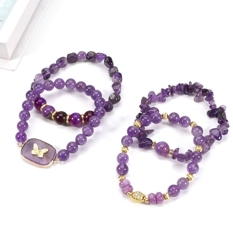 Braccialetto in pietra naturale con perline rotonde in cristallo viola da 8 cm, con etichetta a farfalla, set di personalità semplice_voghion.com