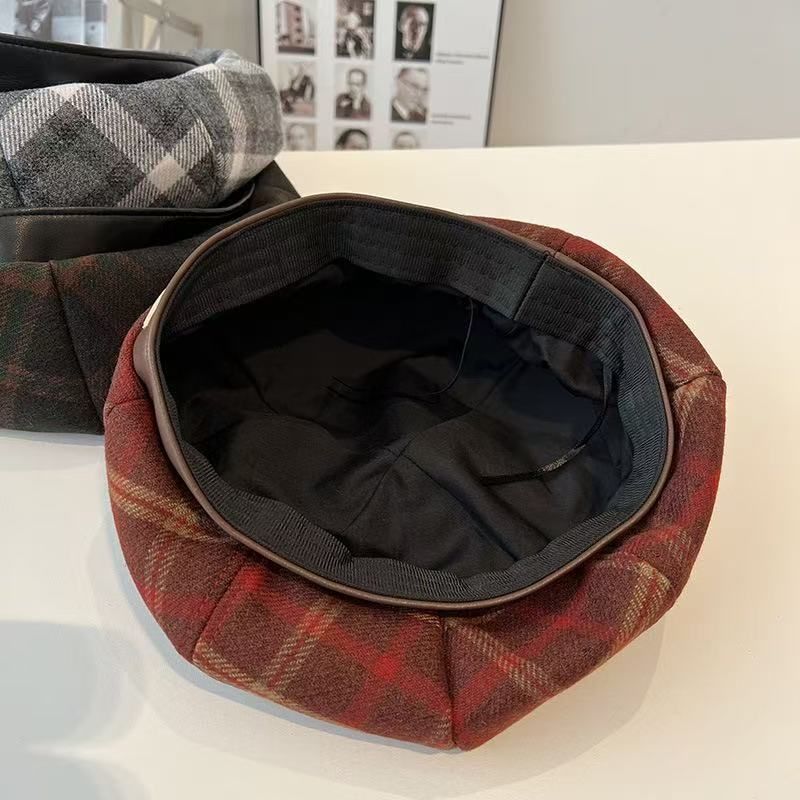 Damen Baskenmütze Kariert Wolle Winter Stil Achteckig Mode Design_voghion.com