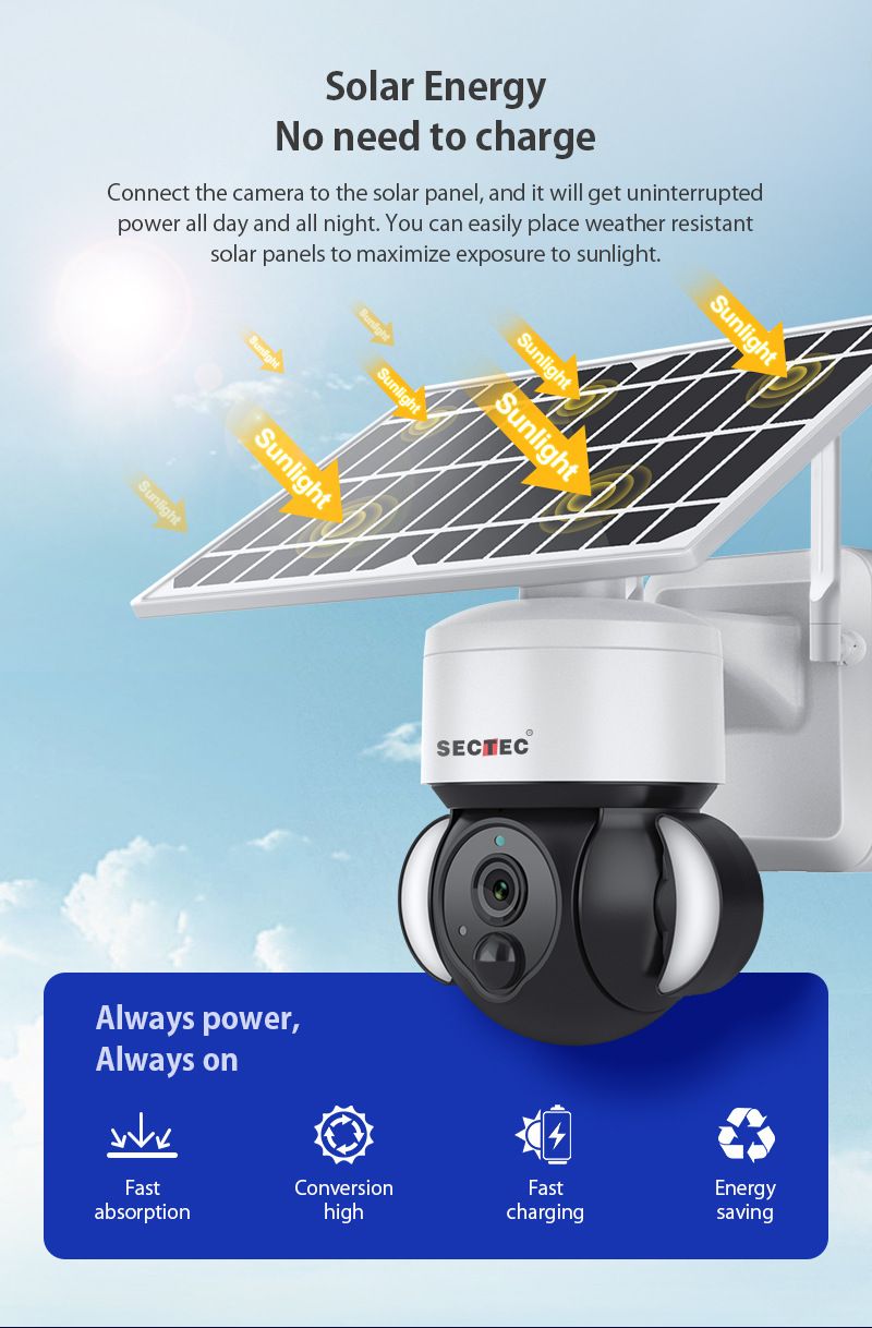 Caméra de sécurité SolarCamera 4G - Caméra extérieure à énergie solaire avec projecteur à détection de mouvement, vision nocturne, étanchéité IP66, stockage cloud_voghion.com