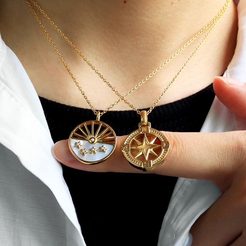 Damenschmuck Griechischer Retro-Klassiker Achtzackiger Stern Runde Halskette Anhänger Edelstahl Halskette_voghion.com