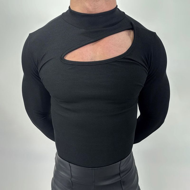 Maglietta aderente e sexy da uomo con collo alto e fori strappati, nuova maglietta a maniche lunghe con sensazione muscolare, autunno 2025_voghion.com