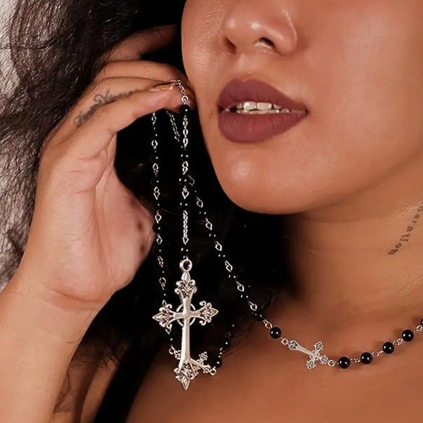 Dunkles Punk-Kreuz, lang, für Frauen, Gothic-Stil, Y-förmige Perlenkette_voghion.com