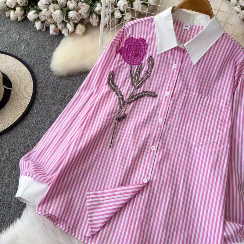 Women's Clothing Beaded Rose Striped Shirt For Women, Heavy Work Chic Small Top Design Niche Long Sleeved Shirt Trend_voghion.com