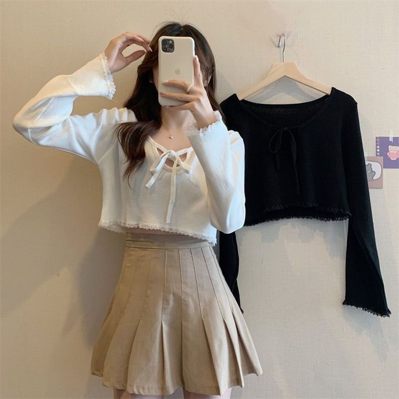 Elegant and lace V-neck long sleeved t-shirt for women, 2024 autumn new collection with strap design, niche slim fit top_voghion.com