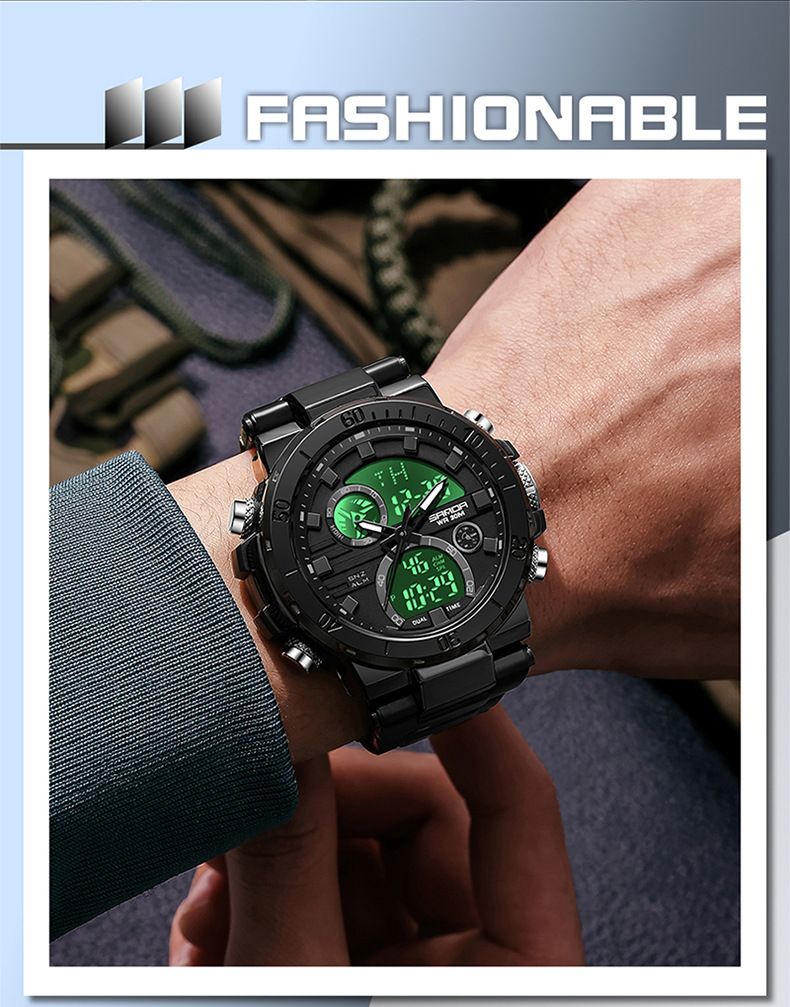 Montre homme en acier inoxydable à double affichage, multifonctionnelle : étanche, rétroéclairage LED, chronomètre, alarme, heure universelle, bracelet en acier inoxydable._voghion.com