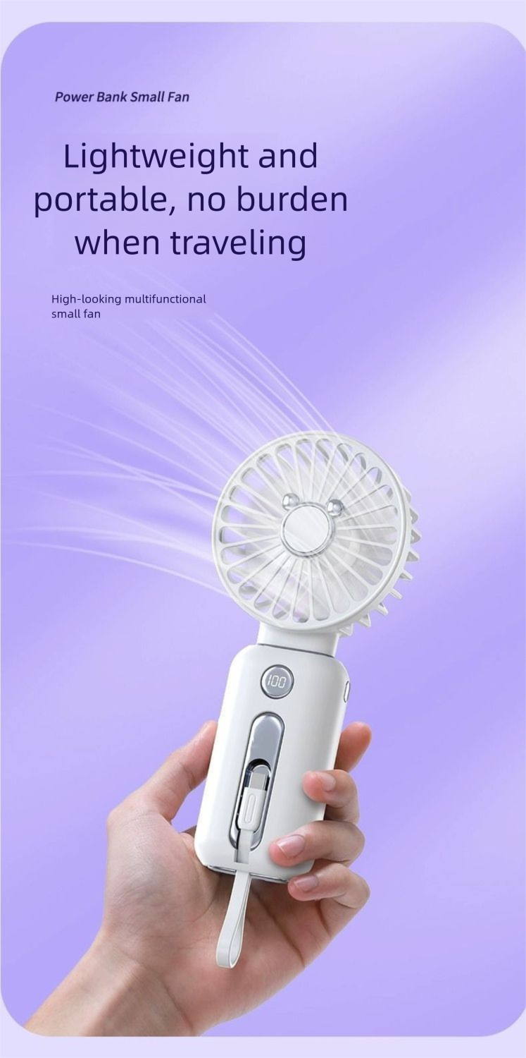 Mini ventilatore portatile 3C Power Bank 2 in 1 con capacità ultra grande, cavo doppio staccabile per_voghion.com