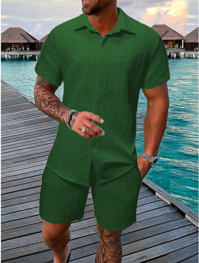 Herenkleding Zomer Jacquard Zwart Wit Effen Kleur Herenpak Korte Mouw Vakantie Casual Stijl Overhemd Shorts Tweedelig Pak_voghion.com