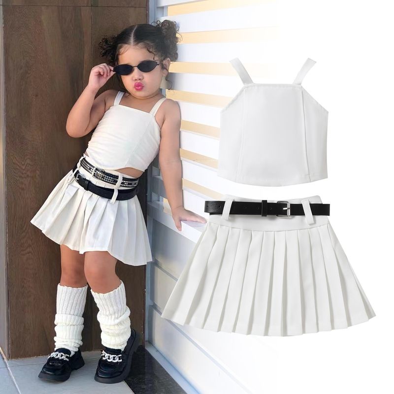 Summer children's solid color suspender wrap vest pleated short skirt belt trendy girl set_voghion.com