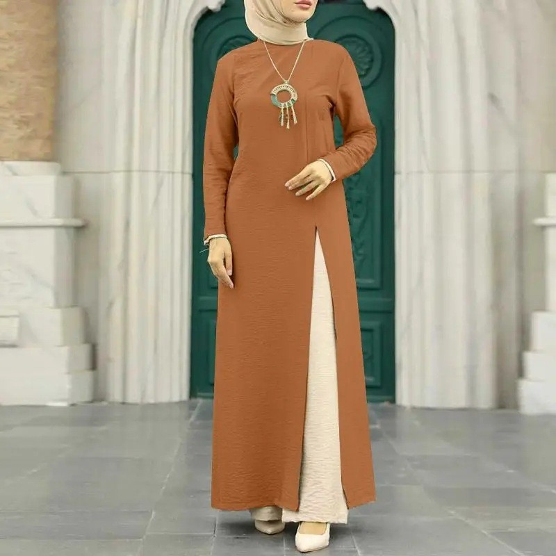 Damkläder Muslimska kvinnors issilke skrynklig långärmad hög slitsfåll klänning moderiktig enfärgad elegant intellektuell damrock_voghion.com