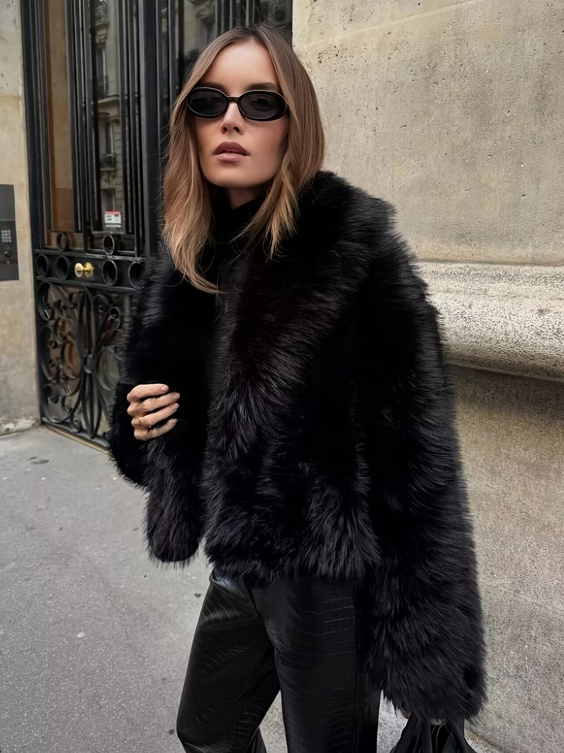 Cappotto elegante da donna foderato in pelliccia - Giacca corta morbida e calda, tinta unita lavabile Hine Autunno e Inverno, chic per le donne,_voghion.com