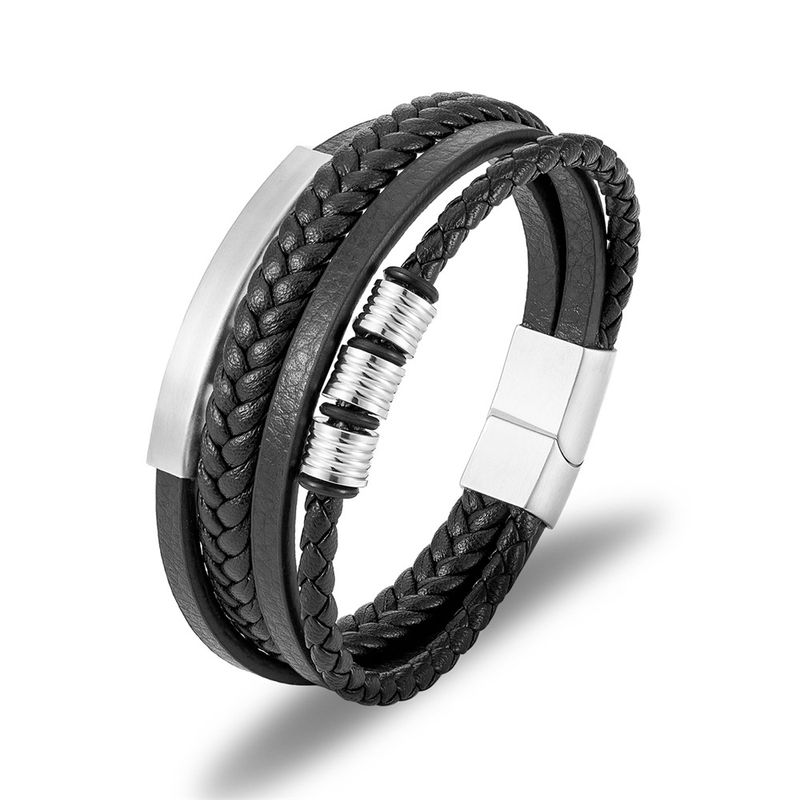 simple stainless steel leather rope bracelet popular multi layer black leather braided men's bracelet_voghion.com