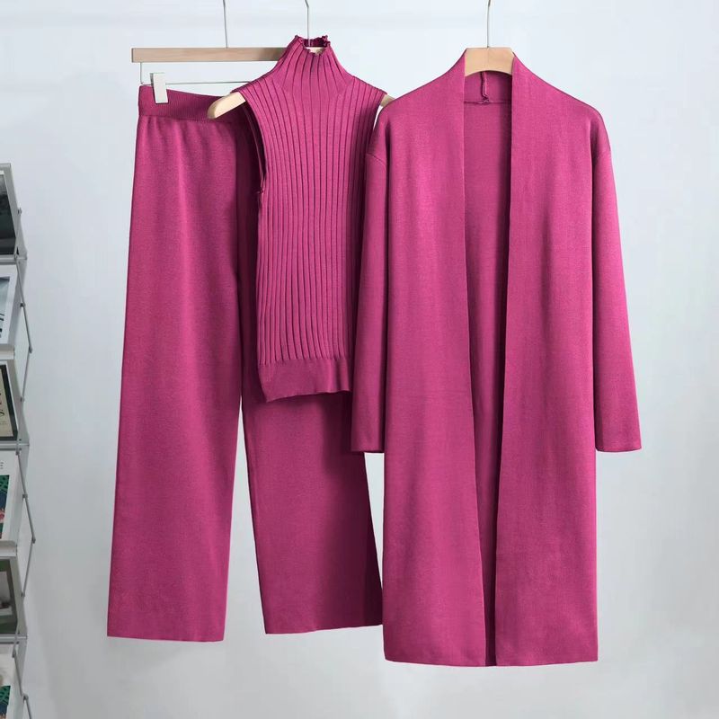 Elegant Knit Lounge Set - Sleeveless Vest, Cardigan & Pants (3-Piece Outfit, Solid Colors, Versatile Sizing)_voghion.com
