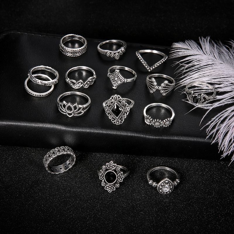 Bohemian Ancient Silver Lotus Women's New Personalized 15 piece Set Ring_voghion.com