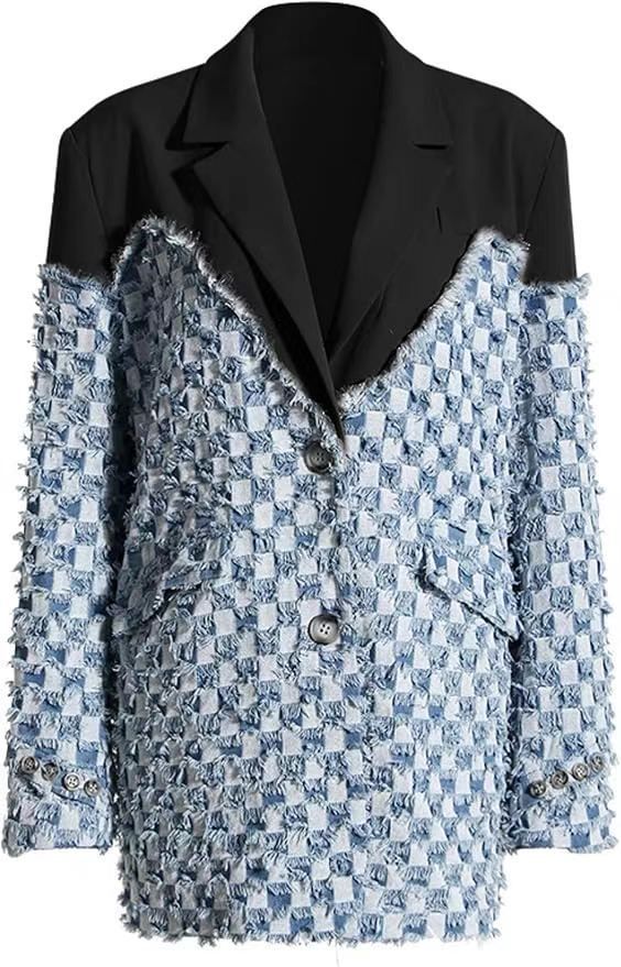 Veste patchwork jacquard à damier M-6188_voghion.com