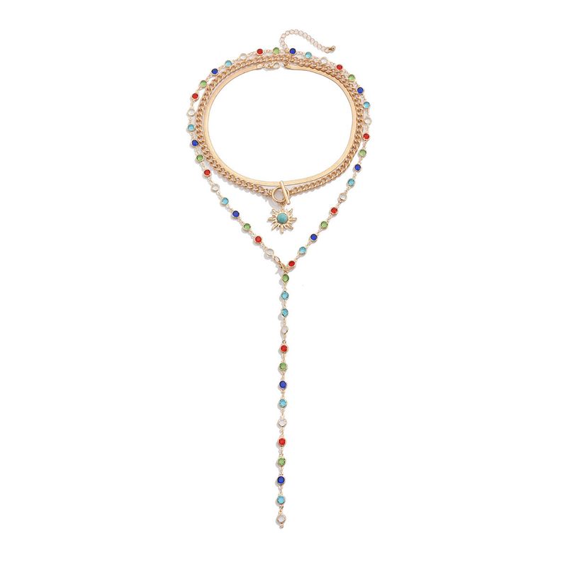 Ins Style Colorful Crystal Snake Bone Chain Necklace, Simple Turquoise Sun Pendant Set, Layered Necklace Accessory_voghion.com