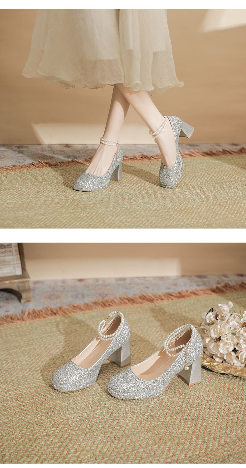 Women's Shoes Waterproof Platform High Heels Thick Heels Square Toe Single Shoes 9cm Small Heightening Sequin Pearl Chain_voghion.com