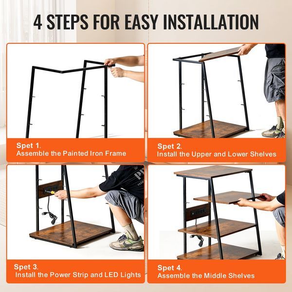 4-Tier AV Media Stand With Power Strips, Corner TV Stand With LED Lights, Height Adjustable Wooden Shelves For DVD Players/Cable Boxes/Games Consol_voghion.com