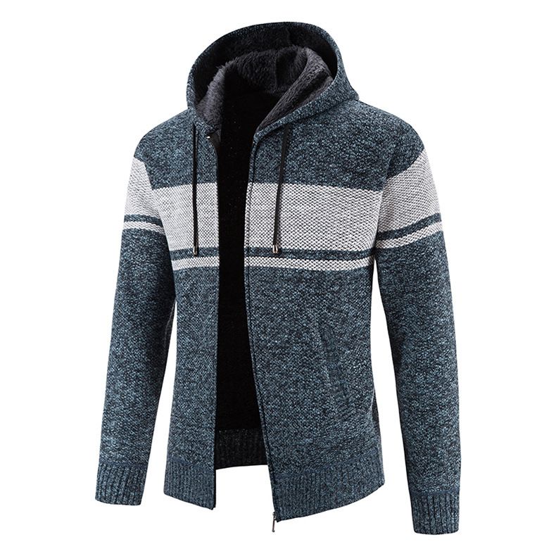 Men’s Fleece-Lined Zip Hoodie – Winter Thermal Knit Sweater With Color-Block Design_voghion.com