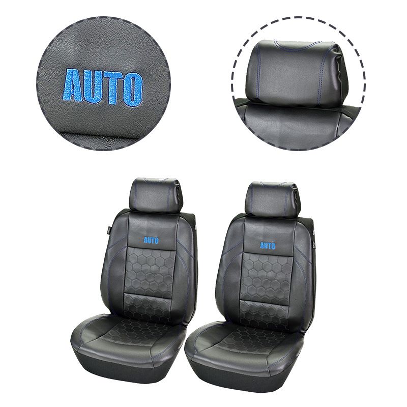 Deux housses de siège avant de voiture avec broderie de football noire, épissure en PVC noir, ligne de pression tridimensionnelle en PVC_voghion.com