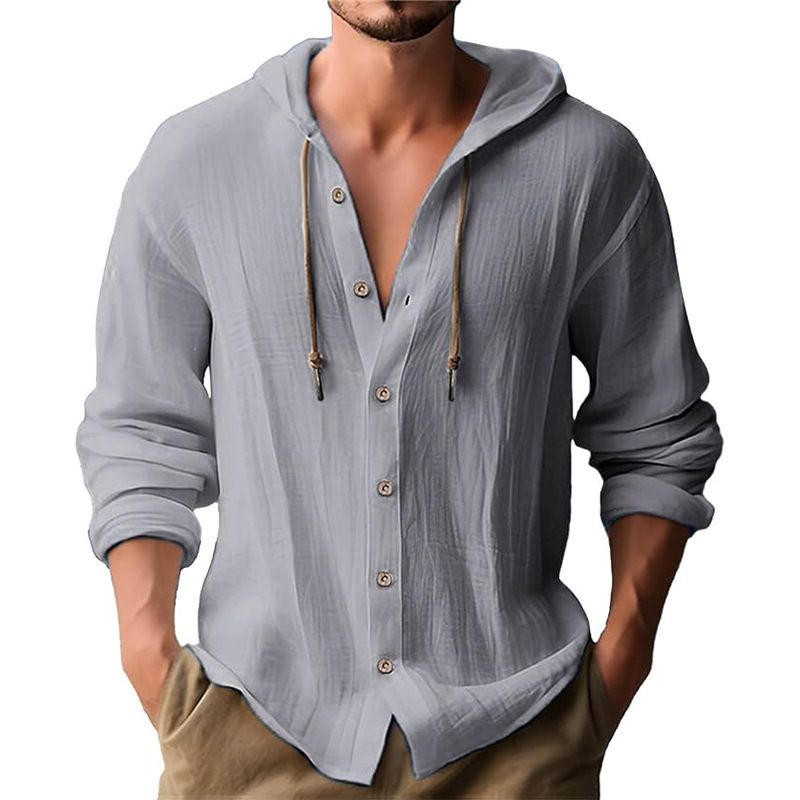 Maglietta casual a maniche lunghe con cappuccio e coulisse in cotone e lino, tinta unita, da uomo, alla moda, da abbinare a qualsiasi outfit, da spiaggia_voghion.com