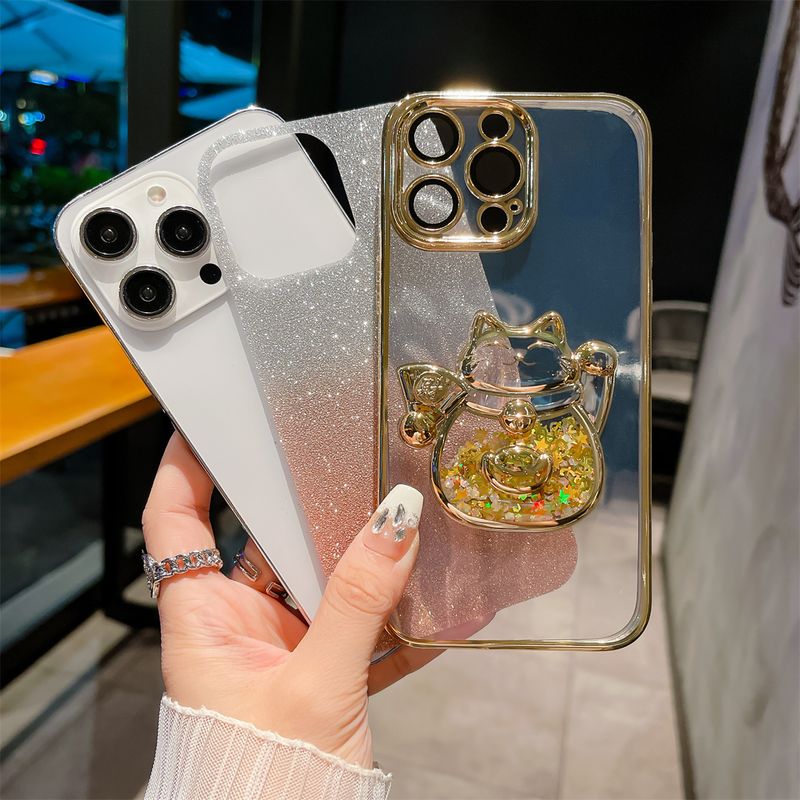 Custodia per telefono Flowing Sand Electroplated Wealth Cat adatta per iPhone 11, 12, 13, 14, 15 Pro Max con pellicola per obiettivo integrata_voghion.com
