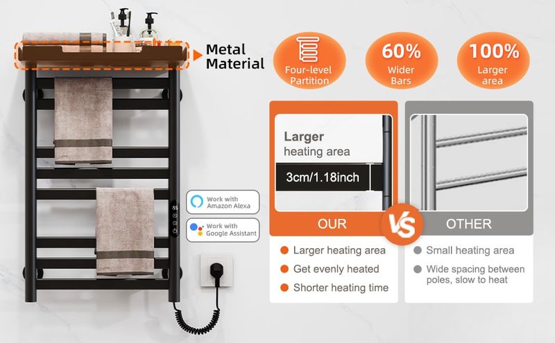 SIOYIE Heated Towel Rack With Shelf And Wi-Fi App Control, 8 Bars Electric Wall Mounted Towel Warmer With Timer & Adjustable Temperature, Low Carbon Steel, Plug-in/Hardwired, Matte Black_voghion.com