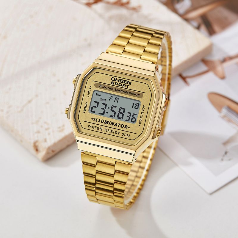 Women's Gold Stainless Steel Strap Electronic Alarm Clock Calendar Week Waterproof Watch_voghion.com