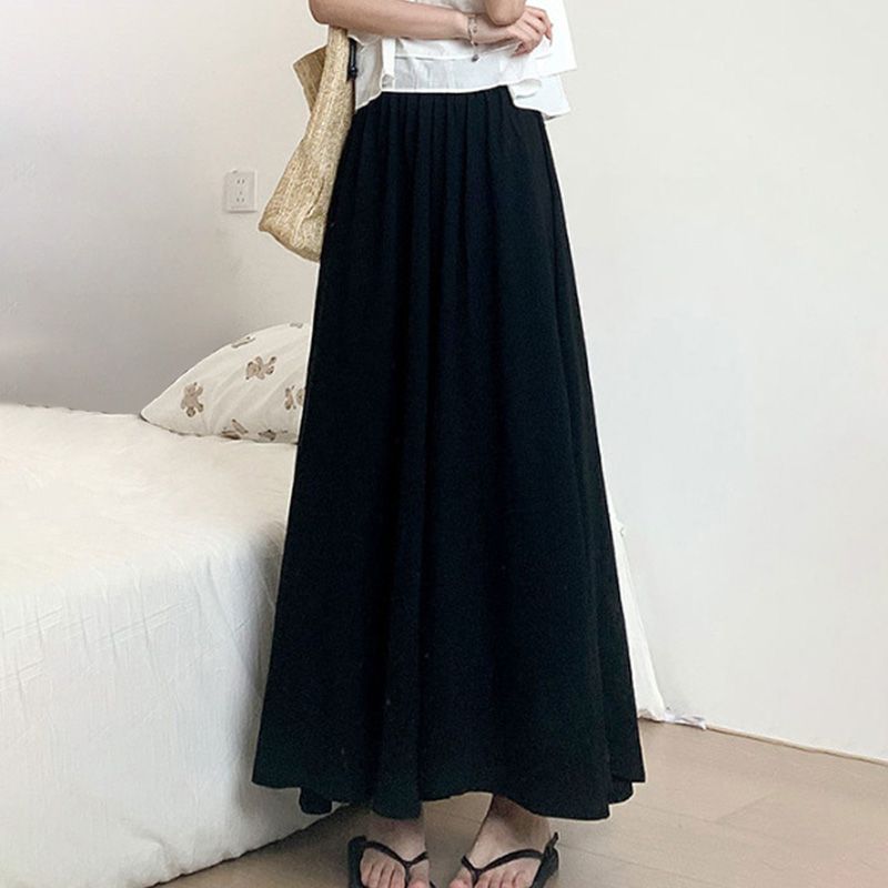 Heißer verkauf Baumwolle Linie Breite Bein Frauen Frühling Sommer Solide Looe Einfache Hohe Elatic Warten Koreanischen Stil Plissee A-linie Trouer_voghion.com