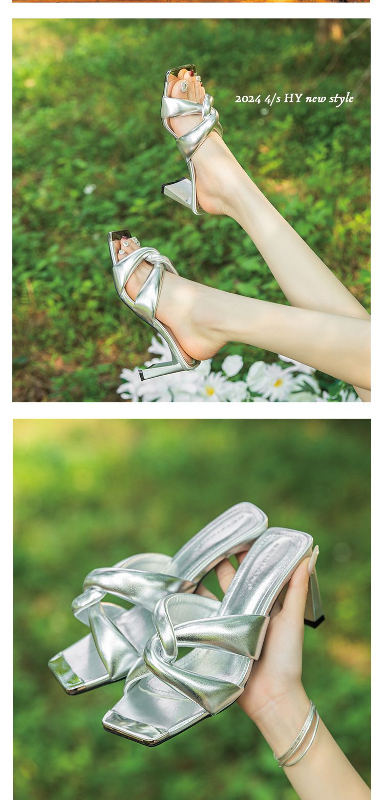 Zapatillas de verano para mujer con tacón alto, plisado, de punta abierta y cuadrada francesa, tacones altos plateados secos, chanclas_voghion.com