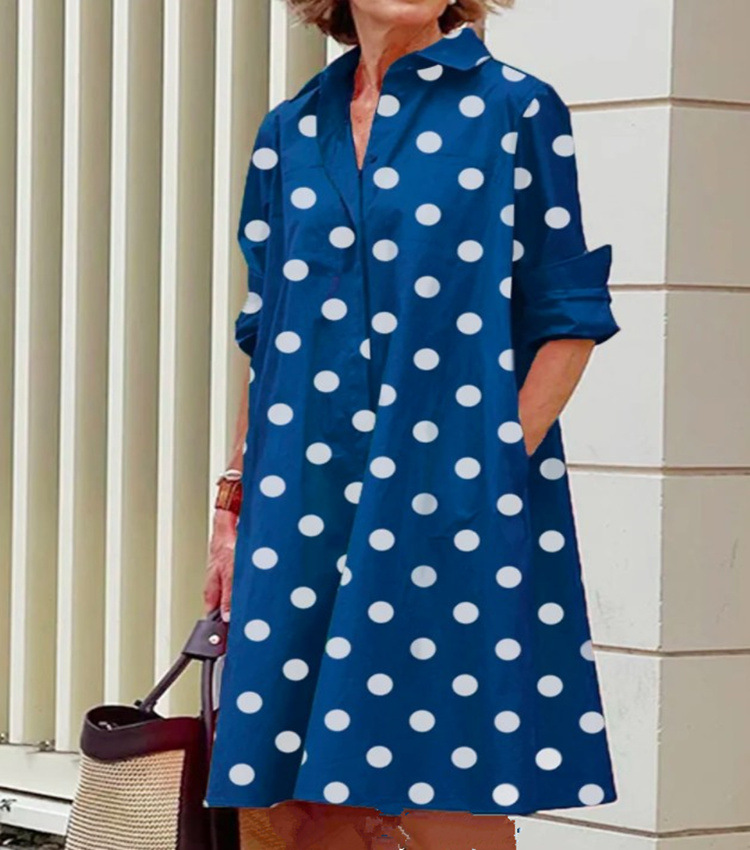 Abito da donna a maniche lunghe con colletto a camicia con stampa a pois temperamento_voghion.com