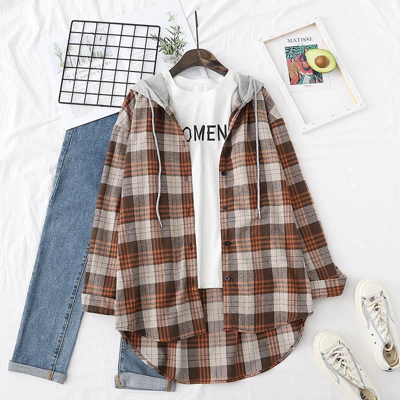 Abbigliamento da donna Camicie a quadri da donna primaverili, estive e autunnali. Camicia cardigan ampia con cappuccio in stile retrò Hong Kong_voghion.com