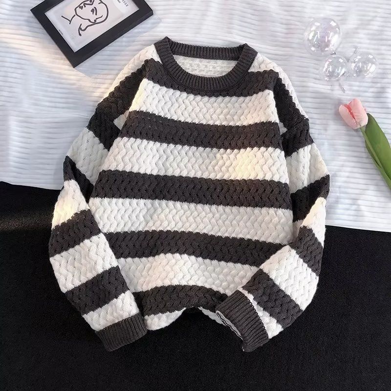 Gestreepte trui heren herfst Koreaanse stijl losse jas trendy merk winter kleurblok lange mouwen breiwerk_voghion.com